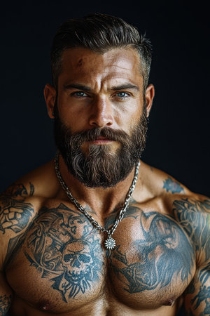 A muscular man with a well-groomed beard and extensive tattoos stands with a serious expression. His intense gaze conveys strength and determination. The dark background enhances the focus on his strong features.の素材