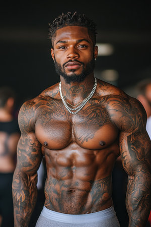 Muscular man with intricate tattoos stands proudly showcasing his physique in a bustling gym. Fellow fitness enthusiasts are seen engaged in their workouts in the background.の素材