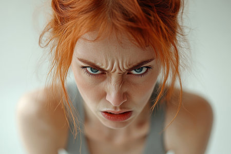A young woman with striking red hair is expressing intense emotions, showcasing a furrowed brow and piercing blue eyes. The indoor setting highlights her focused demeanor.の素材