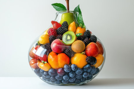 A stunning display features a variety of fresh fruits, including apples, berries, and citrus, elegantly arranged inside a glass vase. The vibrant colors enhance the aesthetic appeal, creating a delightful centerpiece.の素材