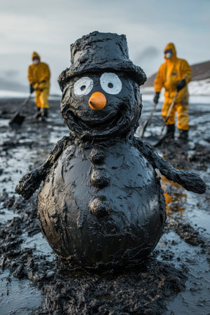 A unique snowman resembling a classic figure, crafted from dark material, stands in a muddy area. Two workers in bright yellow protective suits are visible in the background, engaged in their tasks. The environment appears cold and rugged.の素材
