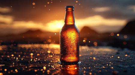 A bottle of beer stands on a wet surface, glistening under a warm golden sunset. The scene captures the tranquility of dusk at a beach, with soft waves lapping at the shore and distant mountains fading into the horizon.の素材