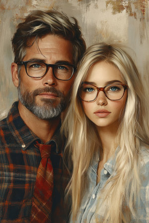 A couple stands closely together, both wearing glasses and stylish outfits. The man has a well-groomed beard and tousled hair, while the woman has long, flowing hair and a serene expression.の素材