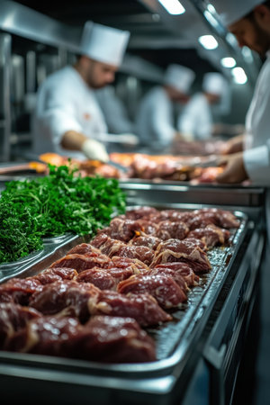 In a lively commercial kitchen, skilled chefs focus on prepping fresh ingredients for dinner service. Various cuts of meat are neatly arranged alongside vibrant greens, showcasing the attention to detail essential in culinary preparation.の素材