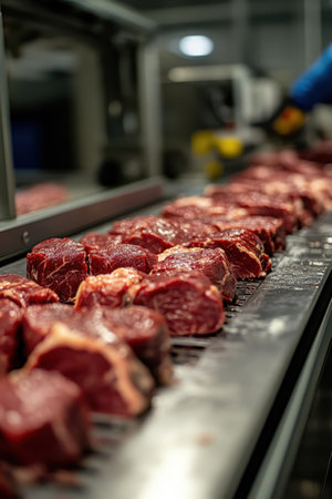 Fresh cuts of beef are aligned on a processing line inside a meatpacking facility. Workers are efficiently handling the meat for packaging and distribution, ensuring quality and safety in food production.の素材