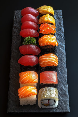 A beautiful display of assorted sushi varieties is arranged neatly on a black stone platter. The vibrant colors of fresh salmon, tuna, and fish roe contrast against the dark surface, creating an appealing visual during lunchtime.の素材