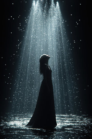 A dancer in a flowing black dress stands gracefully in a pool of water, illuminated by beams of light from above. The surrounding darkness contrasts with the bright, sparkling droplets falling around her, creating an enchanting atmosphere.の素材