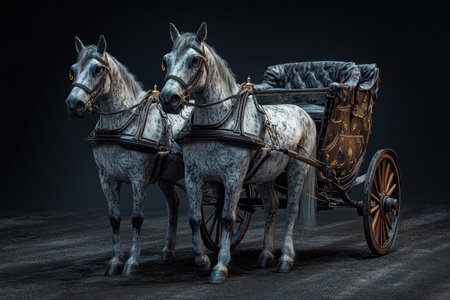 Two elegant gray horses stand side by side, harnessed to a beautifully crafted carriage. The soft lighting casts a warm glow, highlighting the intricate details of the horses and the carriage, creating a timeless atmosphere.の素材