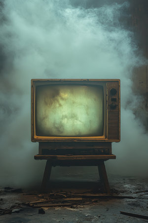 A vintage television set stands alone in a dimly lit space filled with fog. The screen glows with a mix of colors, illuminating the mist and enhancing the nostalgic yet eerie feeling of the setting. The wet floor reflects the colors.の素材
