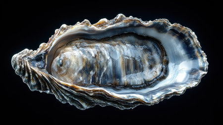 An open oyster reveals its smooth, glossy interior and the layered, textured shell surrounding it. The delicate patterns create a striking contrast against a dark background, highlighting the oysterの素材