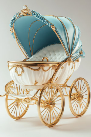 A beautifully designed vintage baby carriage features a gold frame with ornate details. The soft blue canopy complements the white body, showcasing exquisite craftsmanship. This charming piece is perfect for decorative purposes.の素材