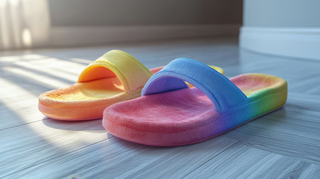 Two vibrant sandals in orange and blue are placed on a textured rug inside a contemporary room. Sunlight filters through large windows, enhancing the modern decor with warm tones and inviting comfort.の素材