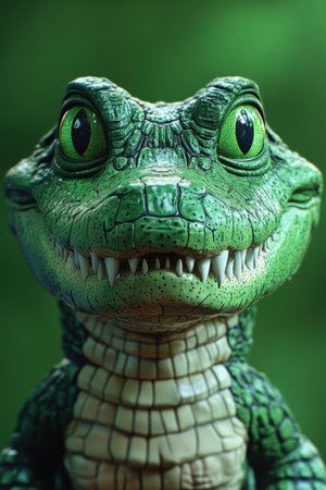 A lifelike crocodile figurine displays its sharp teeth and intense gaze against a solid green backdrop. The detailed craftsmanship highlights the scales and contours, creating a striking visual effect.の素材