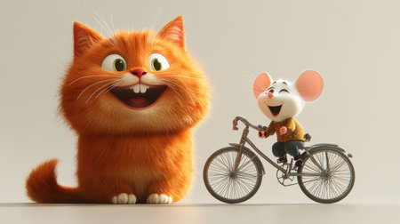 A whimsical orange cat with a big smile stands next to a joyful mouse wearing a sweater, excited to ride a bicycle. Their playful expressions create a vibrant atmosphere, showcasing friendship and adventure in a colorful environment.の素材