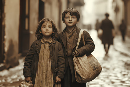 Two young children, a boy and a girl, stand close together on a narrow cobblestone street. The sepia tones give a vintage feel to the setting, hinting at a bygone era.の素材