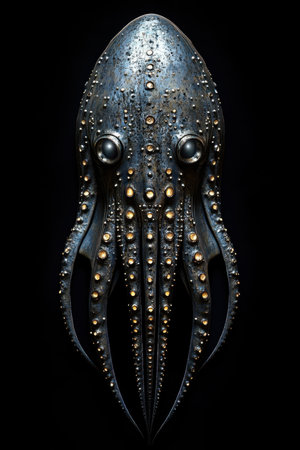 A meticulously crafted metallic sculpture of an octopus features intricate textures and detailing, capturing the creature's unique form. The artwork is set against a contrasting black background, enhancing its striking appearance.の素材