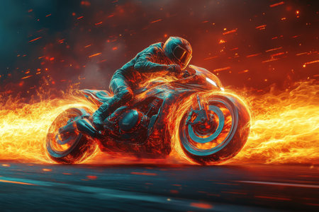 A motorcyclist speeds along a highway at night, surrounded by a vivid display of flames that create a dynamic and intense atmosphere. The bright fire contrasts with the dark surroundings, enhancing the thrilling moment.の素材