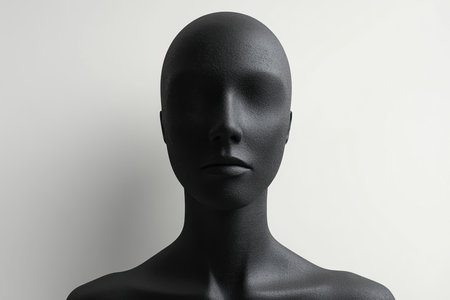 A black mannequin head is positioned against a light neutral background. Soft lighting emphasizes its smooth surface and subtle contours, creating a striking visual with no facial features. Ideal for art or retail displays.の素材