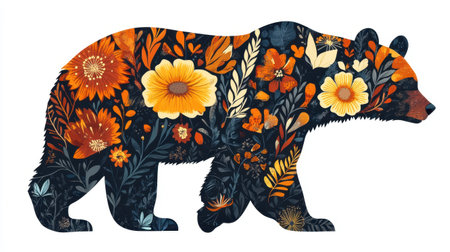 A beautifully crafted silhouette of a bear adorned with intricate floral patterns showcases vibrant autumn flowers and rich greenery, creating a whimsical and artistic representation of nature's beauty.の素材