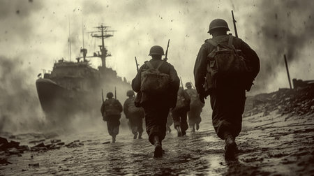 Troops in military uniforms advance through a muddy terrain filled with smoke, heading towards a warship. Their determination is visible as they navigate the challenging environment of a fierce conflict.の素材