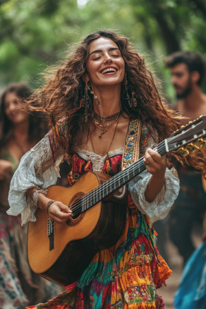 A young woman with long curly hair strums her guitar while dressed in a colorful, bohemian outfit at an outdoor festival. The atmosphere is lively, filled with cheerful attendees enjoying the warm sunlight and festive decorations.の素材