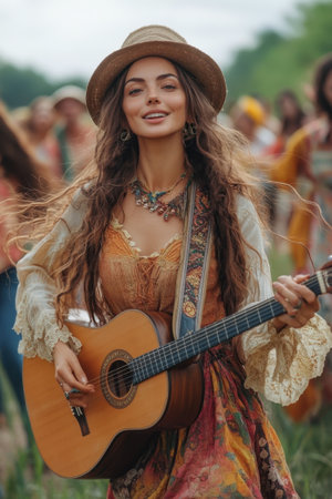 A talented musician plays an acoustic guitar with a joyful expression amidst a lively festival crowd dressed in vibrant, colorful clothing. The lush green surroundings enhance the festive atmosphere during the event.の素材