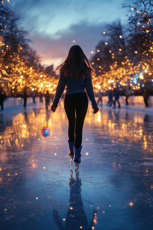 A young woman skates effortlessly across a shimmering ice rink illuminated by soft, warm lights. The twilight sky adds a magical touch as festive decorations surround the rink, creating a captivating winter scene.の素材