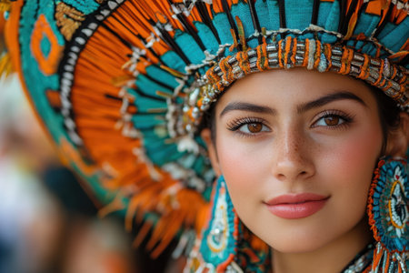 A young woman showcases her cultural heritage by wearing a striking traditional headdress adorned with vivid colors and intricate details. The vibrant setting captures the essence of celebration, highlighting the importance of community and identity.の素材