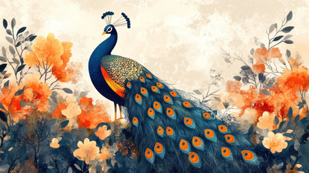 A peacock showcases its stunning plumage in a garden filled with blooming flowers. The vivid colors of the feathers contrast beautifully with the warm tones of the surrounding flora, creating a magical ambiance during twilight.の素材