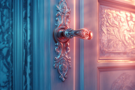 A detailed close-up of an ornate door handle set against a beautifully designed door. Soft lighting enhances the intricate patterns, creating an inviting atmosphere in a stylish corridor.の素材