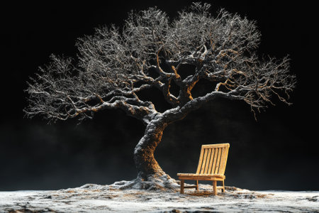 A large, bare tree with twisted branches stands alone in a snowy landscape, while a simple wooden bench rests beneath it. Soft light casts gentle shadows, creating a calm and tranquil atmosphere, evoking a sense of solitude.の素材
