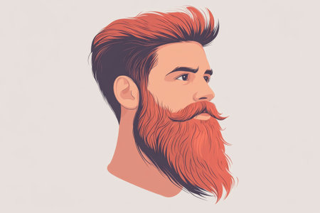 A young man is depicted in profile, exhibiting a trendy hairstyle with striking red hues. His full beard complements his look, emphasizing a bold style. The background is minimalist, highlighting his features.の素材