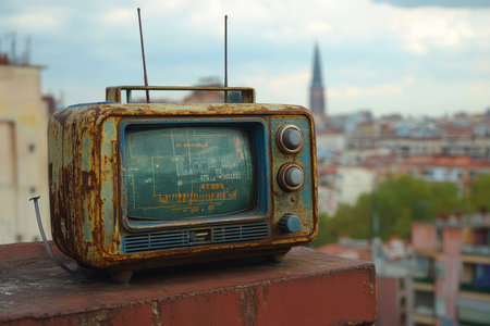 An aged television set rests on a brick ledge, displaying static while overlooking an urban landscape filled with buildings and a prominent church steeple. The sky is overcast, adding a nostalgic atmosphere to the scene.の素材