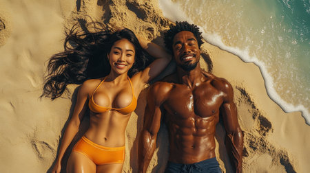A couple lies side by side on the warm sand near the water's edge, smiling happily under the bright sun. The beach setting features gentle waves and a clear blue sky, creating a serene and joyful atmosphere.の素材