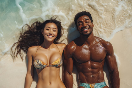 A couple lies side by side on the warm sand near the water's edge, smiling happily under the bright sun. The beach setting features gentle waves and a clear blue sky, creating a serene and joyful atmosphere.の素材
