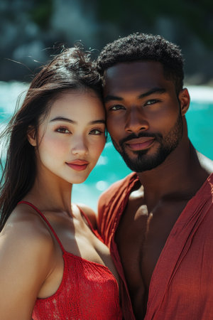 A couple stands closely on a stunning beach, warmly embracing under bright sunlight. The crystal-clear ocean enhances the serene atmosphere surrounding them.の素材