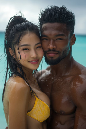A joyful couple poses closely together on a sunlit beach. They are surrounded by shimmering turquoise water and a bright sky. Both are smiling, radiating warmth and happiness in this picturesque tropical setting.の素材