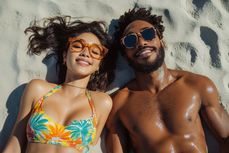 Two friends are lying side by side on the beach sand, soaking up the sun. They are wearing stylish summer outfits, sunglasses, and smile brightly as they enjoy the beautiful day at the seashore.の素材