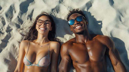 A couple rests on the soft sand of a beach, smiling broadly at the camera. The woman adorns stylish glasses and a vibrant swimsuit, while the man has a charming smile and sported glasses as well. Sunlight creates a warm atmosphere.の素材