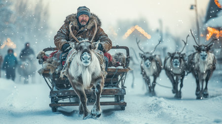 A man dressed warmly rides in a sled pulled by a reindeer, navigating through a snowy village at dusk. The atmosphere is magical with softly falling snow and twinkling lights, while other villagers bustle nearby.の素材