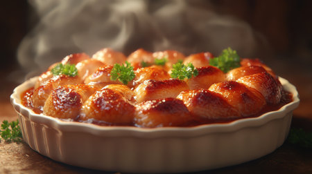 Tender roasted chicken legs glistening with seasoning, served on a hot platter. The dish emits steam and flavor, enticing diners with its savory aroma. A delightful centerpiece for a festive gathering.の素材