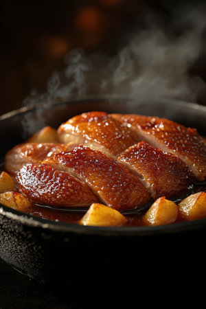 Tender roasted chicken legs glistening with seasoning, served on a hot platter. The dish emits steam and flavor, enticing diners with its savory aroma. A delightful centerpiece for a festive gathering.の素材