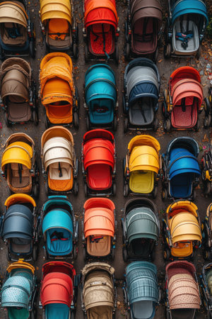 A vibrant collection of baby strollers in various colors is arranged neatly in a grid pattern. The scene captures the lively atmosphere of a busy urban park, showcasing the diverse styles and hues enjoyed by families.の素材