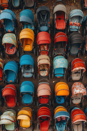 A vibrant collection of baby strollers in various colors is arranged neatly in a grid pattern. The scene captures the lively atmosphere of a busy urban park, showcasing the diverse styles and hues enjoyed by families.の素材
