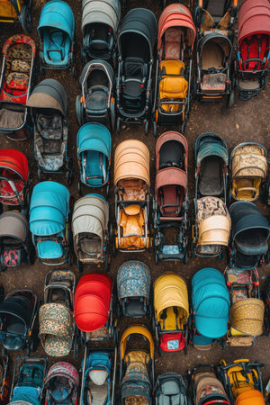An array of vibrant baby strollers is organized in a public area. The strollers showcase a variety of colors including red, yellow, blue, and grey. Each stroller has a unique design and fabric, reflecting different styles and preferences.の素材