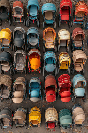 A vibrant collection of baby strollers in various colors is arranged neatly in a grid pattern. The scene captures the lively atmosphere of a busy urban park, showcasing the diverse styles and hues enjoyed by families.の素材