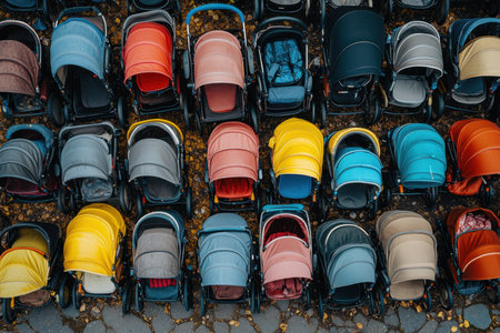 A collection of weathered surfboards rests on the shore, partially buried in sand and seaweed as low tide exposes the coastline. A calm ocean waves gently in the background, hinting at a day spent enjoying water activities.の素材