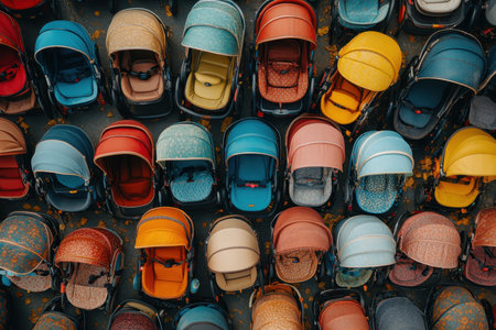 A vibrant collection of baby strollers in various colors is arranged neatly in a grid pattern. The scene captures the lively atmosphere of a busy urban park, showcasing the diverse styles and hues enjoyed by families.の素材