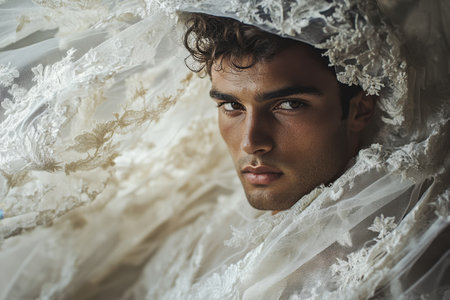 A male model poses gracefully in a beautifully detailed lace outfit complemented by an exquisite bridal veil. The soft light enhances his striking features and captivating gaze, creating an alluring atmosphere perfect for fashion photography.の素材