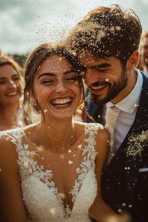 A groom and bride share a moment of pure joy on their wedding day, surrounded by smiling friends. Confetti sparkles in the sunlight, enhancing the festive atmosphere of this beautiful outdoor celebration.の素材